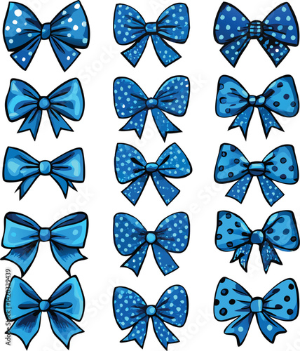 Collection of Blue Bows with and without Polka Dots for Gift Wrapping and Decoration