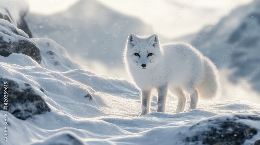 The Arctic Fox Stands Posing on Snow Covered Rocky Terrain The Arctic Fox Stands Posing on Snow Covered Rocky Terrain