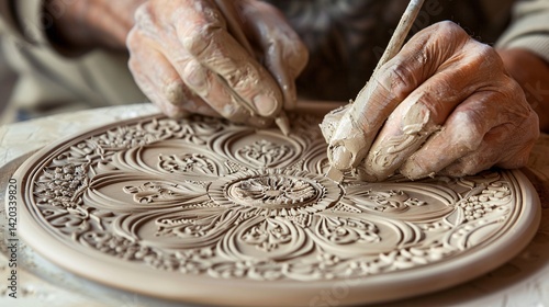 Description: Close-up of experienced hands delicately etching a detailed floral pattern onto a round clay plate, showcasing ceramic artistry.