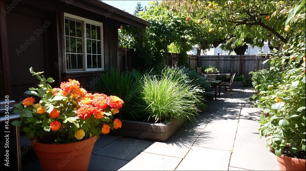 Naklejka premium Vibrant Blooms Orange Flowers in Pot near Cottage Patio Outdoor Tranquil Scene.