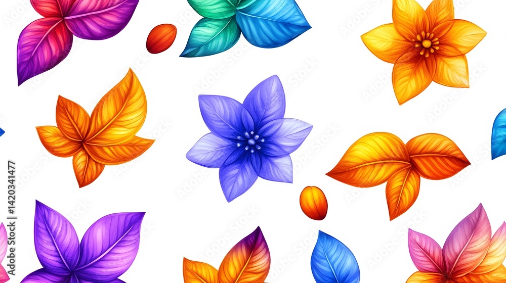Obraz premium Vibrant Rainbow Floral Leaves Seamless Pattern