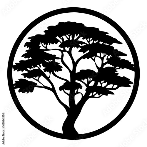 Stylized Black Silhouette of a Tree Contained Within a Circular Frame