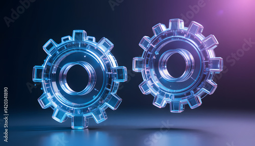 Two transparent 3d gears with a glass morphism effect, symbolizing technology and updates, floating against a gradient background.
