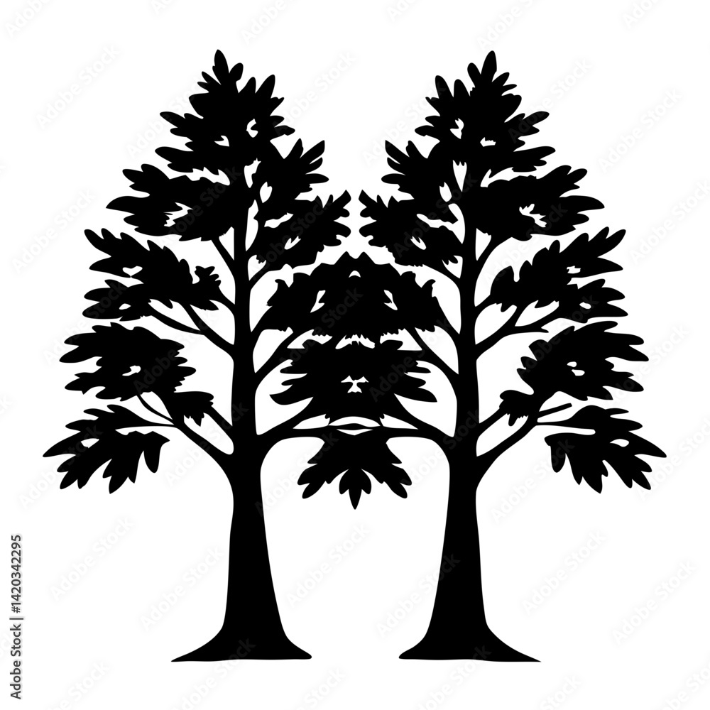 Obraz premium Symmetrical Silhouette of Two Deciduous Trees with Dense Foliage on White Background