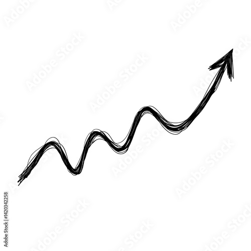 Zigzag arrow pointing upward in a rough sketch style representing dynamic progress or business analytics - concept of fluctuating trends and performance