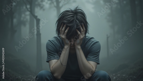 A somber image depicting teenage depression influenced by social media, showcasing a despondent adolescent grappling with self-harm and suicidal thoughts due to cyberbullying