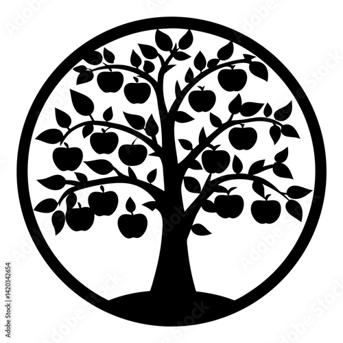 Silhouette of apple tree with fruits and leaves inside of a circle