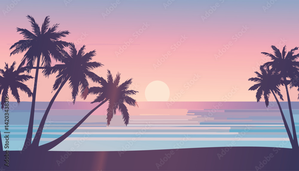 peaceful tropical twilight beach with silhouetted palm trees along the shore under a soft pastel sky vector illustration
peaceful tropical twilight beach with silhouetted palm trees along the shore under a soft pastel sky vector illustration