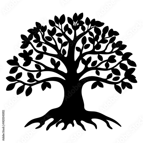 A striking silhouette of a large leafy tree with a strong root system