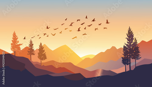 tranquil mountain landscape at dawn with silhouetted pine trees on layered hills under a warm gradient sky with a flock of birds taking flight vector illustration

