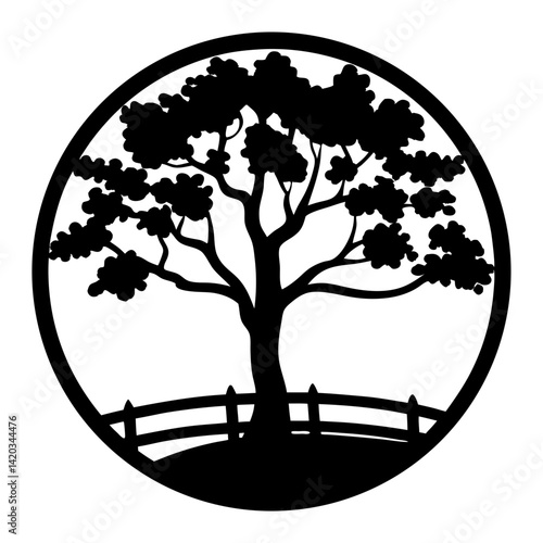 Elegant Silhouette of a Tree with a Fence in a Circular Frame