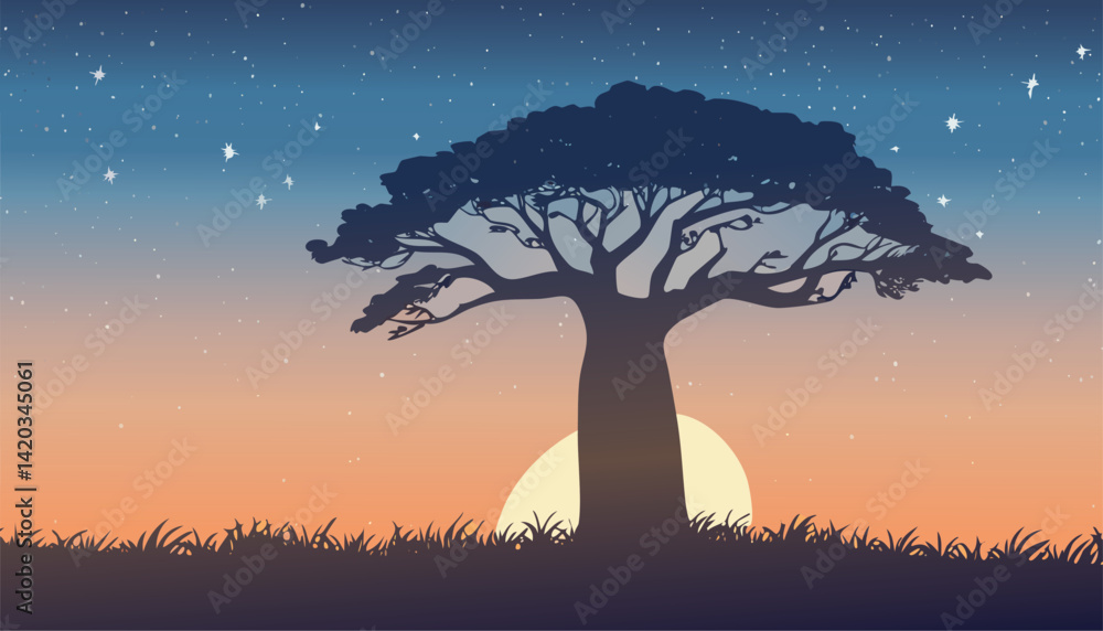 peaceful african twilight with a silhouetted baobab tree against a ...