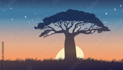 peaceful african twilight with a silhouetted baobab tree against a rising moon and a starry sky on the savanna grassland vector illustration

