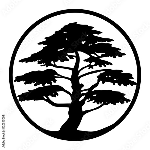 Black and White Silhouette of a Detailed Bonsai Tree in a Circle