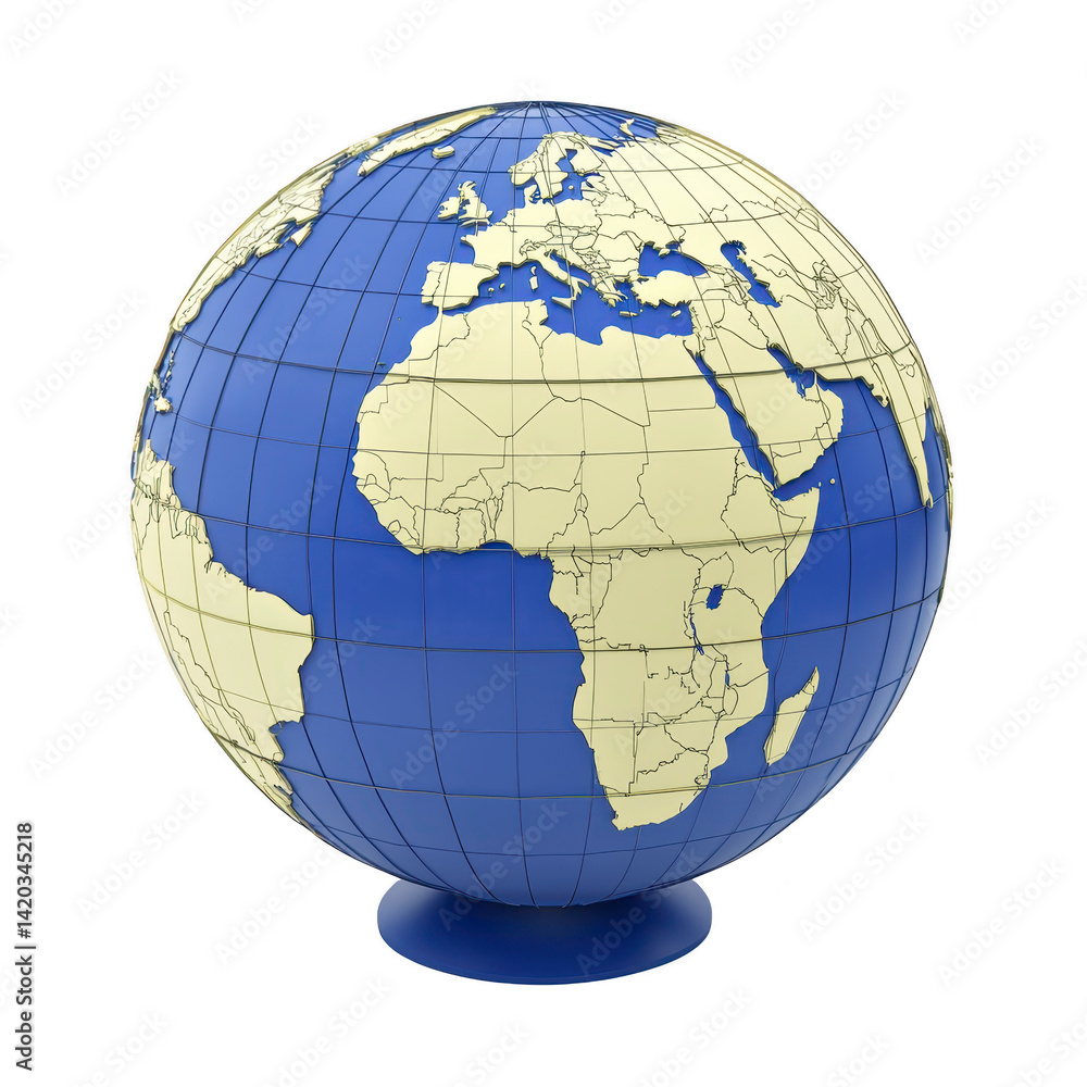 3D globe illustration showing continents and oceans, highlighting Africa, Europe, and parts of Asia. globe is blue with beige continents, emphasizing geographical features and boundaries 3D globe illustration showing continents and oceans, highlighting Africa, Europe, and parts of Asia. globe is blue with beige continents, emphasizing geographical features and boundaries