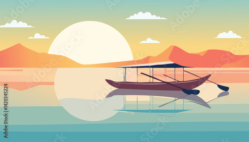 serene lake sunrise with a silhouetted traditional boat and oars reflecting in calm waters against a backdrop of distant mountains and a warm gradient sky vector illustration

