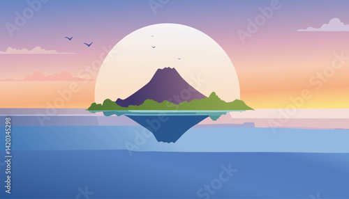 minimalist serene island sunrise with a silhouetted volcanic mountain reflecting in calm ocean waters under a pastel gradient sky vector illustration

