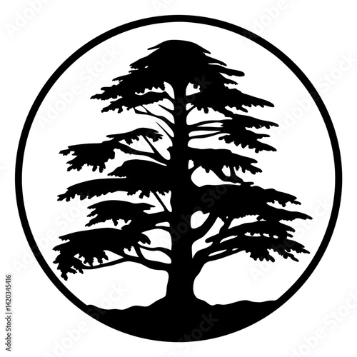 Silhouette of a Cedar Tree within a Circular Frame Emblematic Design
