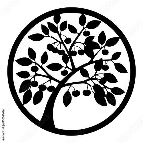Stylized silhouette of a cherry tree within a circle, rendered in black and white