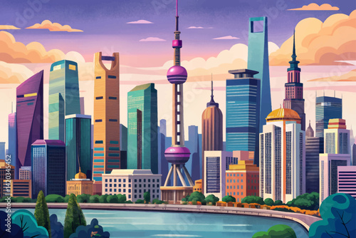 amazing view of Shanghai city skyline at sunset time, Panoramic view of shanghai skyline and huangpu river, Shanghai China vector