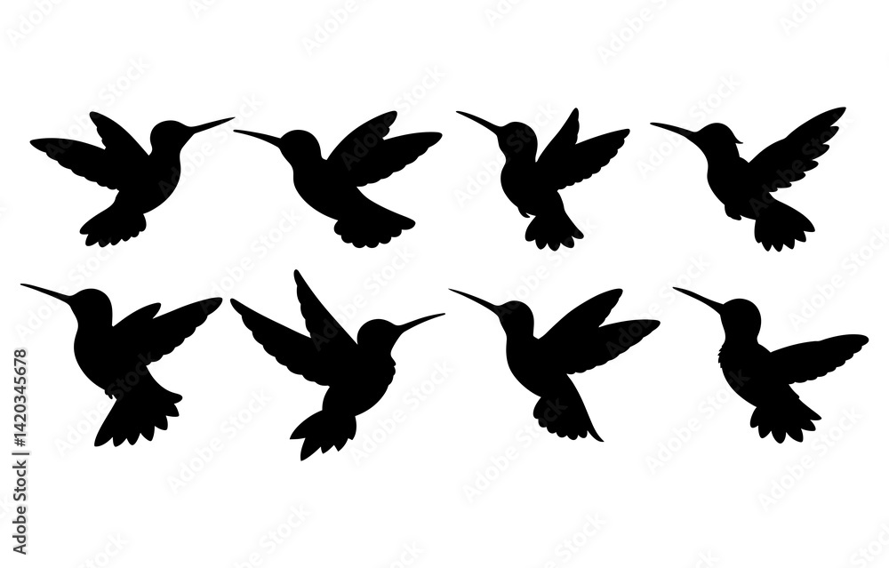 Fototapeta premium Silhouette depiction of eight hummingbirds in various flying poses against a white background artfully arranged