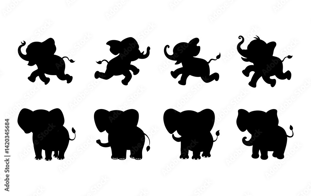 Obraz premium Silhouette illustration of eight elephants in various poses on a white background design art
