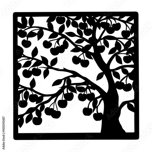 Silhouetted cherry tree filled with cherries in a square frame illustration