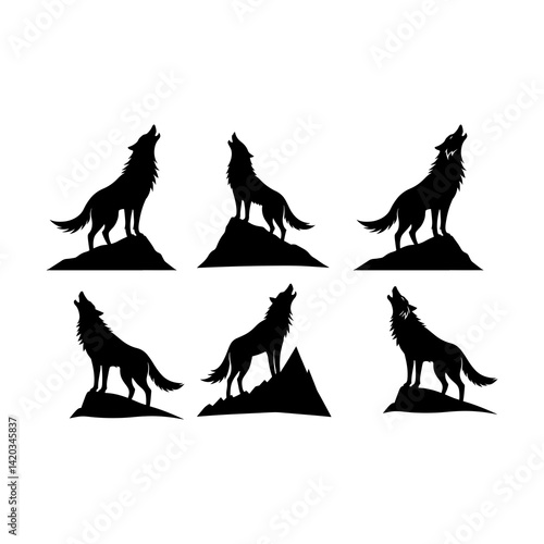 Silhouettes of howling wolves standing on rocky outcrops in a monochrome black and white illustration