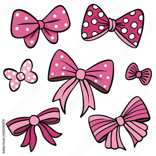 Collection of Pink Bows with Polka Dots and Solid Colors for Design Elements