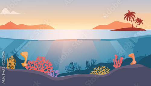 tropical sunrise with sunbeams over a vibrant coral reef and a distant island with palm trees, vector illustration

