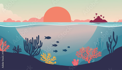 vibrant ocean sunrise with colorful coral reefs and fish underwater, and a small island with lush vegetation on the horizon, vector illustration

