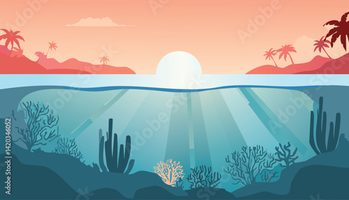 tropical sunrise with sunbeams over vibrant coral reefs and silhouetted islands with palm trees, vector illustration

