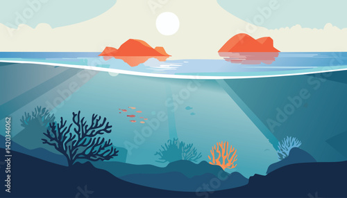 peaceful ocean sunrise with sunbeams illuminating underwater coral reefs and fish, and rocky islands in the distance, vector illustration

