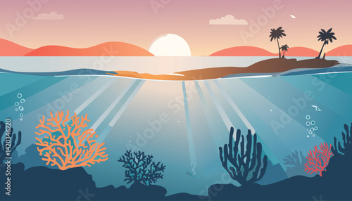 tropical sunrise over a vibrant coral reef with sunbeams penetrating the clear water, and a small island with palm trees in the distance, vector illustration

