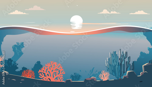 peaceful ocean sunrise with vibrant coral reefs and gentle waves, vector illustration

