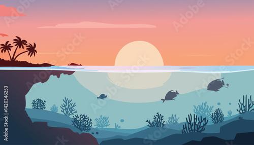 serene tropical sunrise with underwater coral and fish, and a silhouetted shore with palm trees, vector illustration

