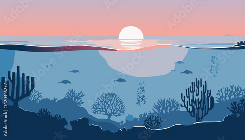 peaceful ocean sunrise with diverse coral reefs and fish underwater, and a hint of the distant shore on the horizon, vector illustration

