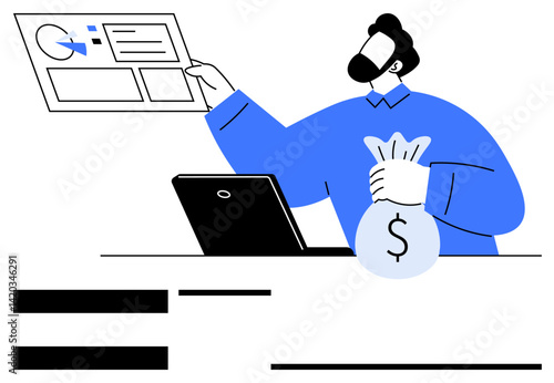 Male figure holding money bag with dollar sign while examining analytics chart alongside open laptop. Ideal for finance, investment, budgeting, profit, business strategy, decision-making, economy