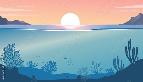 peaceful ocean sunrise with underwater coral and fish, and silhouetted coastal hills on the horizon, vector illustration

