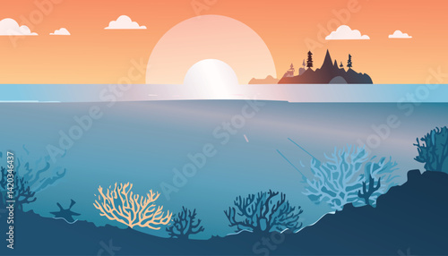 serene ocean sunrise with underwater coral reefs and a silhouetted island with a castle on the horizon, vector illustration

