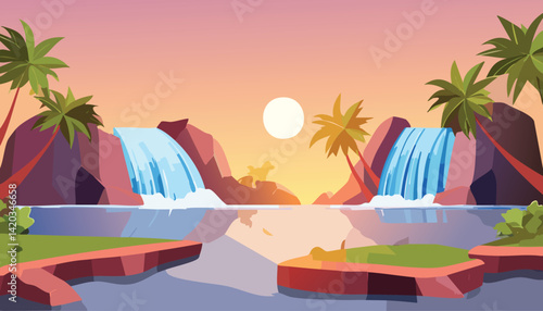 vibrant tropical sunrise with waterfalls cascading into a calm river, framed by rocky shores and lush palm trees, vector illustration

