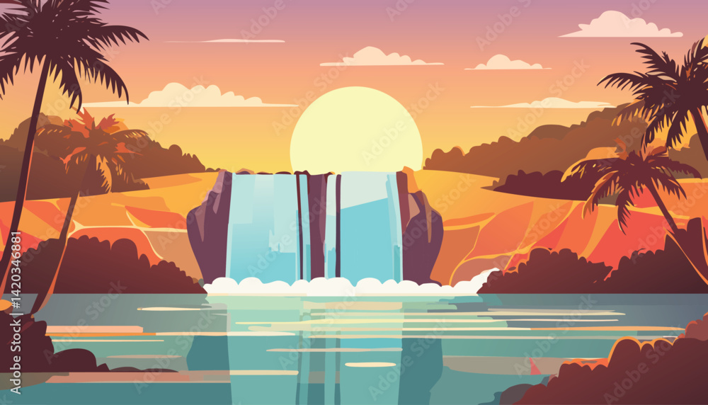 Obraz premium vibrant tropical sunrise with a stunning waterfall cascading into a clear turquoise pool, framed by silhouetted palm trees and lush vegetation, vector illustration