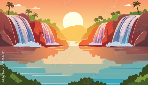 majestic tropical sunrise with twin waterfalls cascading into a serene river, framed by lush vegetation and distant hills, vector illustration

