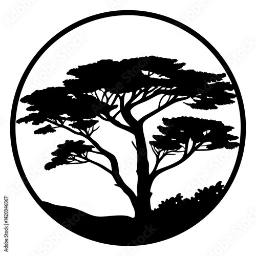 Silhouette of a majestic tree within a circle, evoking nature and serenity