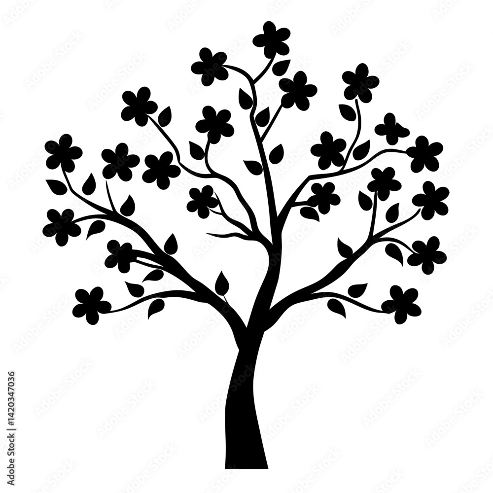 Naklejka premium Black silhouette of a tree in full bloom against a white background