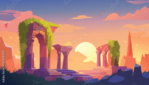 vibrant sunrise over ancient temple ruins partially reclaimed by nature in a rocky landscape with dramatic clouds, vector illustration

