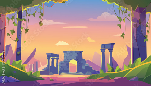 enchanting jungle sunrise with ancient stone ruins silhouetted against a vibrant sky framed by lush tropical foliage, vector illustration

