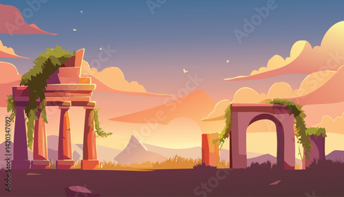 tranquil dawn over ancient ruins partially covered in vines, with soft pastel clouds and distant mountains, vector illustration

