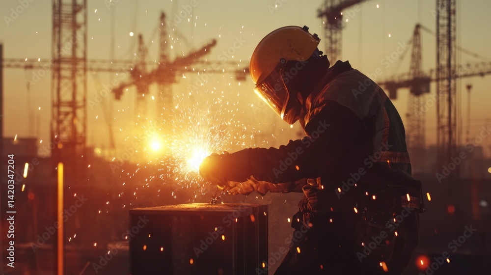 Welder working at sunset on construction site sparks Welder working at sunset on construction site sparks
