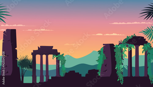 serene jungle dawn with silhouetted ancient temple ruins overgrown with vines, against a soft pastel sky and distant mountains, vector illustration


